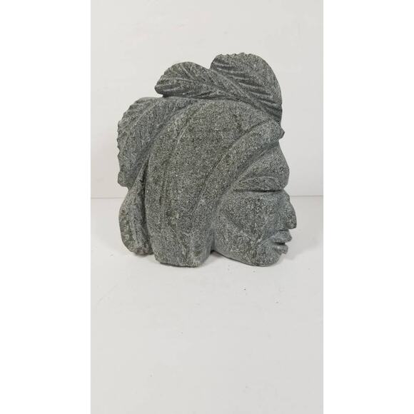 Vintage Native American Stone Bust, Hand Carved Head Statue, Signed - Picture 3 of 8